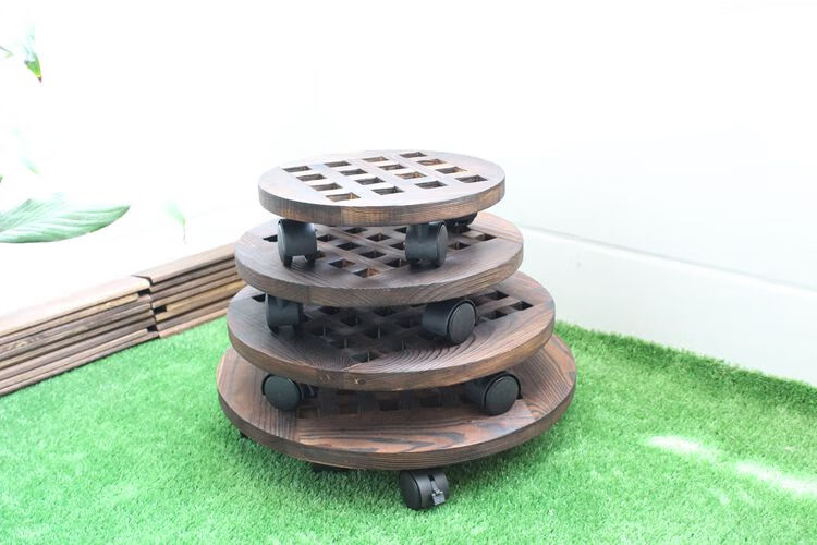 倾晨花盆底座滑轮花盆托盘万向轮碳化腐木加厚圆形实木带滚轮移动花盘