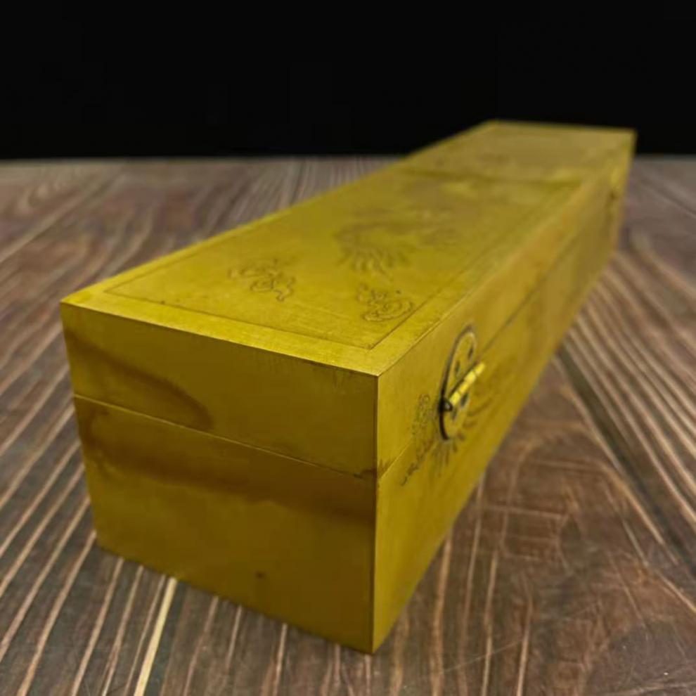 仿古纯铜刻画图案方盒首饰盒黄铜长条龙纹图案首饰盒书房装饰品 2款