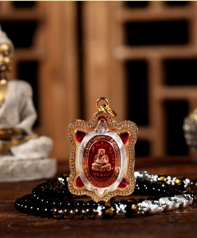 檀福匠 泰国正牌龙婆柳庙2562财龟佛牌吊坠 清债龟牌镀金镶钻项链 脖