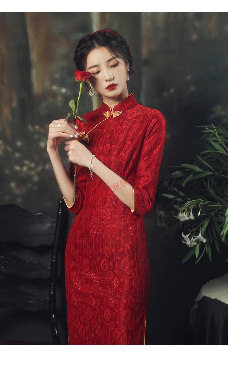 抖音同款小红书敬酒服新娘红色旗袍2022新款感长袖中式订婚礼服小个子
