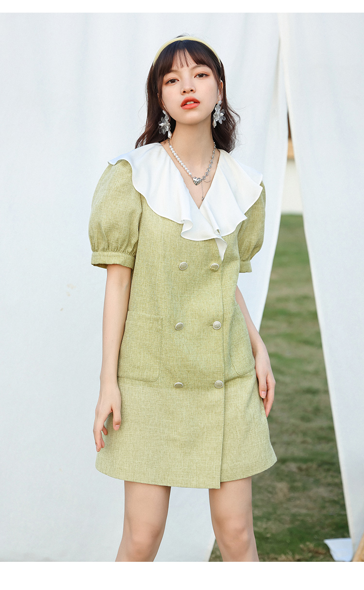 朵以2022夏季新款小香风荷叶领连衣裙双排扣宽松甜美气质裙子女37vx