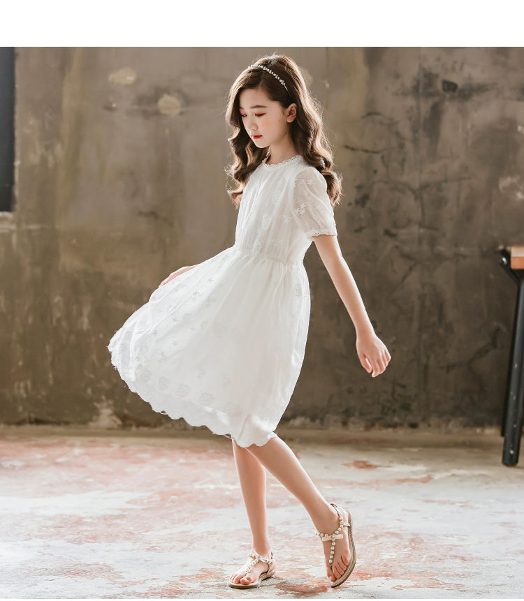 儿童收腰过膝女中大童长裙春秋款女童连衣裙春秋2021新款中童白色裙子