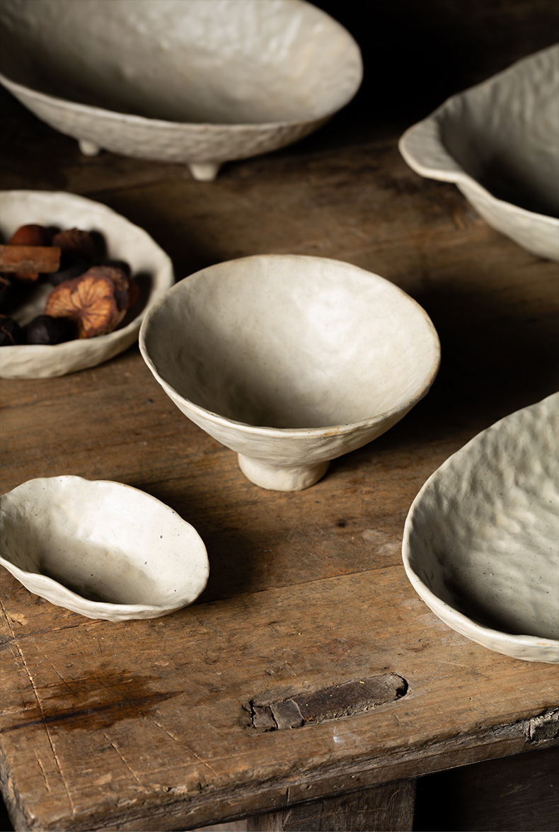 白色粗陶果盘餐具景德镇纯手工捏餐盘果盘碗碟水果摆放粗陶盘子10寸手