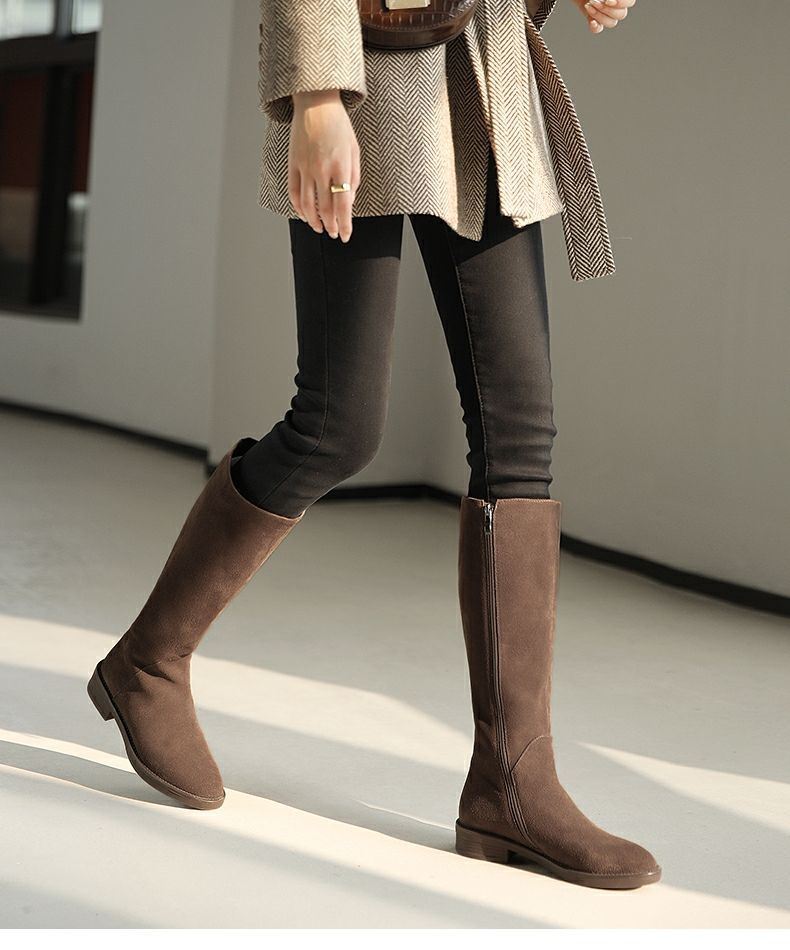 女士长筒靴反毛皮翻皮翻毛皮磨砂皮长靴绒面秋冬款高筒靴气质半桶靴女