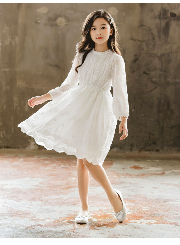 儿童收腰过膝女中大童长裙春秋款女童连衣裙春秋2021新款中童白色裙子