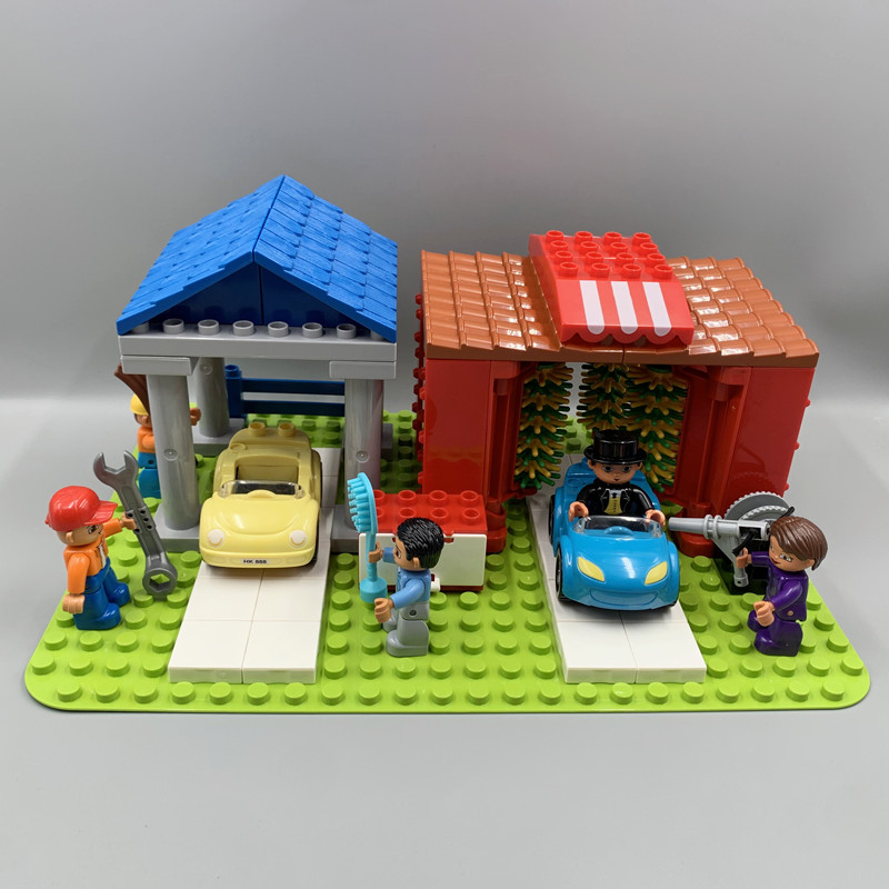 不舍天真洗车场玩具 产大颗粒积木兼容件洗车中心维修店工具车轮胎