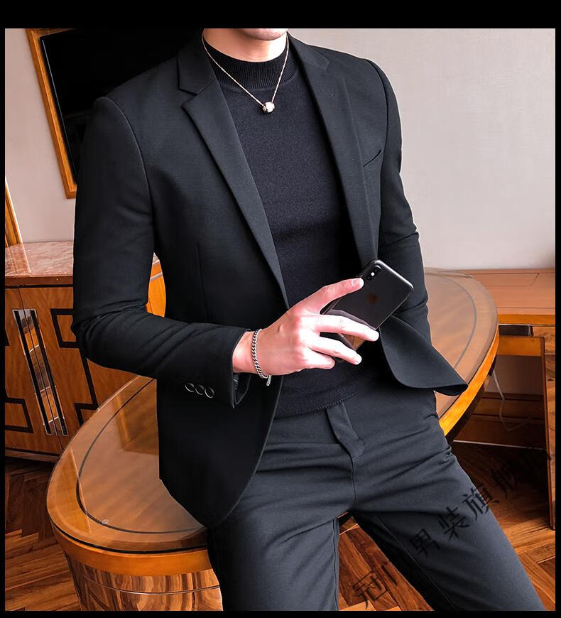 正装男士小西装男外套韩版潮流修身西装男套装套装1黑色单西黑色裤子m