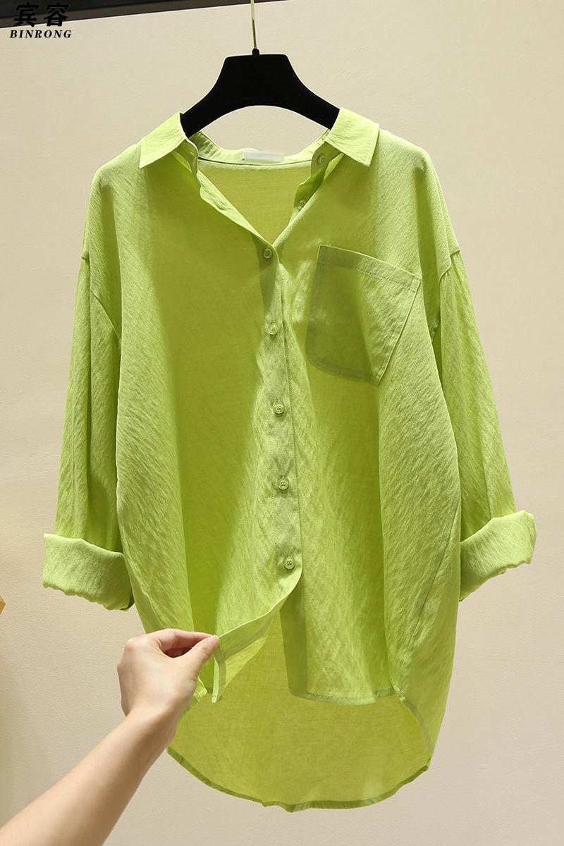 宾容长袖衬衫女2021韩版春夏新款单口袋宽松洋气休闲衬衫上衣浅绿色m