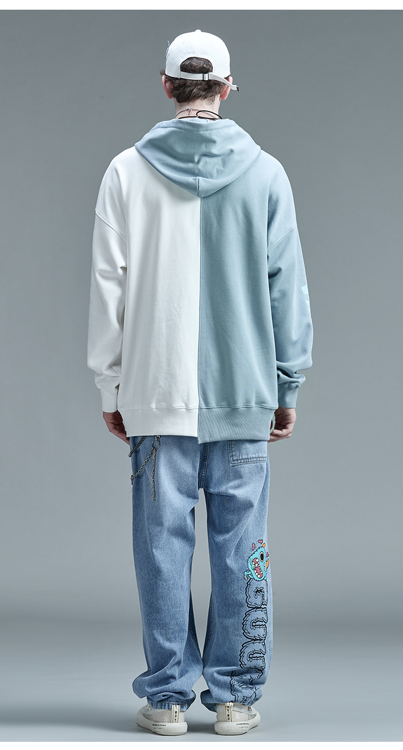 古由卡guukasank藏克联名蓝白拼接连帽卫衣男潮牌嘻哈印花运动帽衫