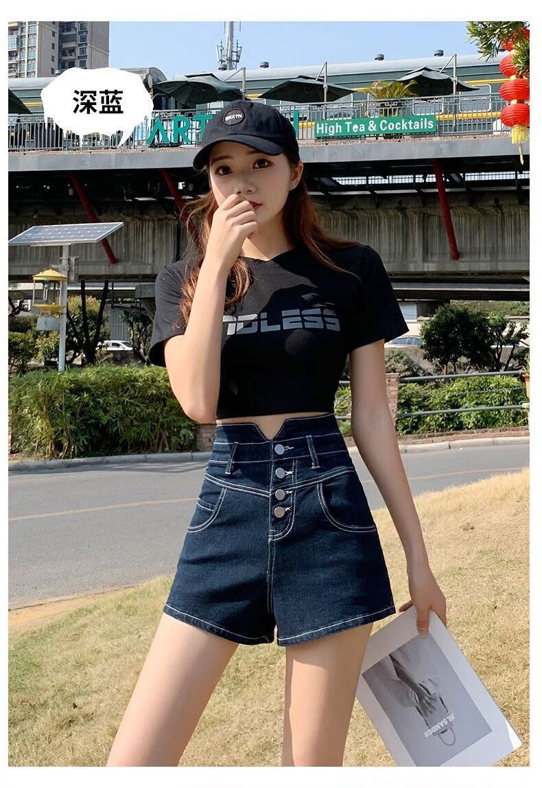 新款超高腰收腹牛仔短裤女a字宽松显瘦外穿阔腿百搭热裤子女深蓝色s