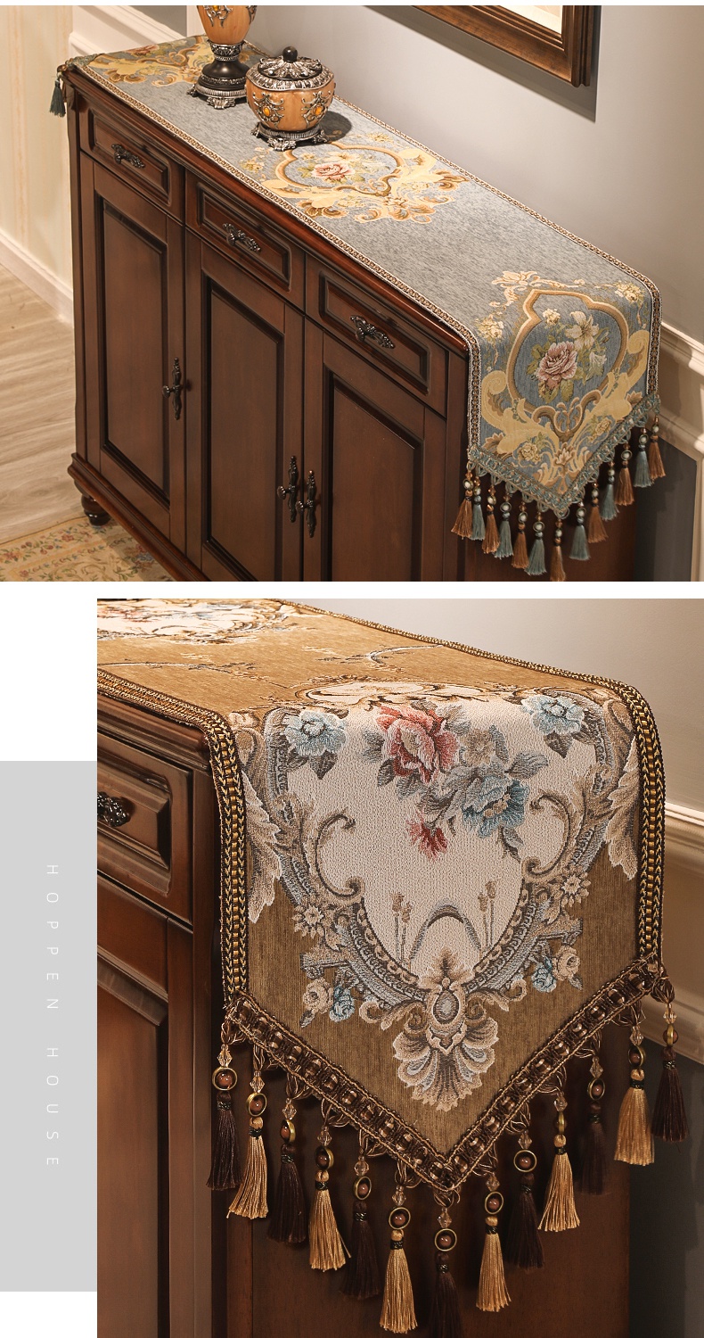 桌旗美式轻奢餐桌布艺茶几长条装饰电视柜台布欧式巴洛克咖色35220cm