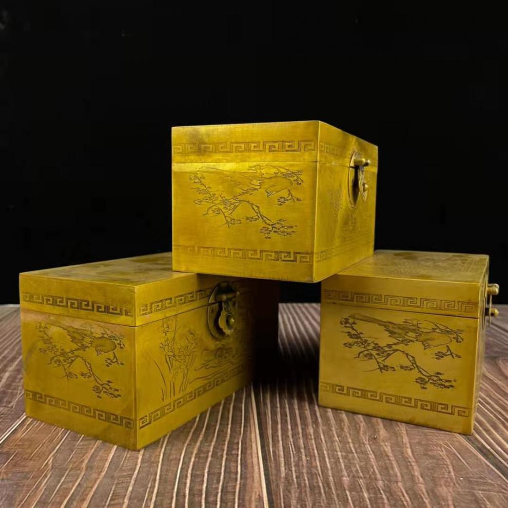 仿古纯铜刻画图案方盒首饰盒黄铜长条龙纹图案首饰盒书房装饰品 2款
