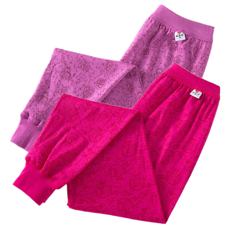秋裤女士全棉高腰大码棉毛裤中老年保暖裤衬裤线裤女一件装f粉色牡丹
