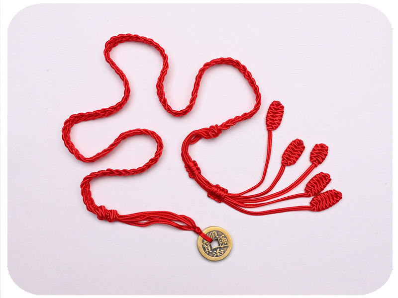 红腰带女本命年手工精编本命年铜钱红腰带五帝钱红加粗加长红腰绳胖子