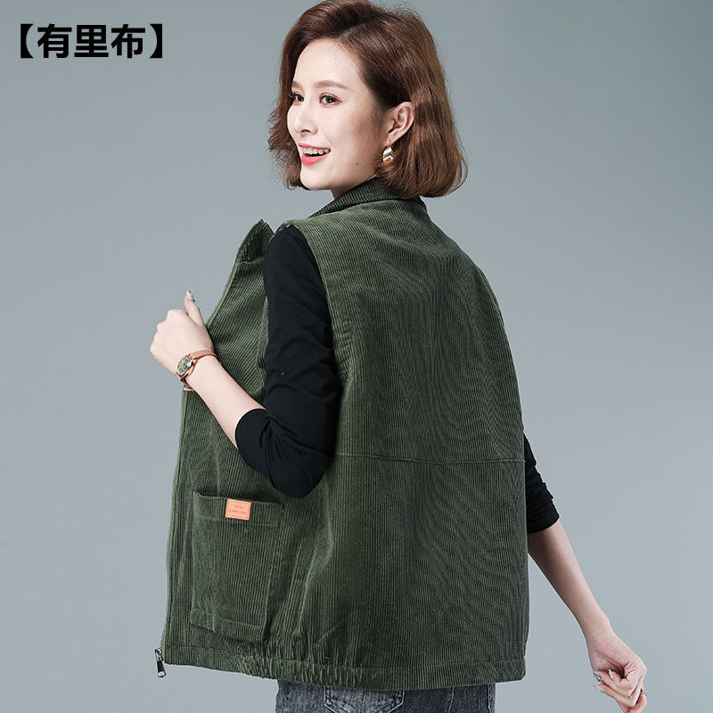 贤语灯芯绒马甲女春秋薄款韩版坎肩外穿女士妈妈背心外套潮焦糖色有里