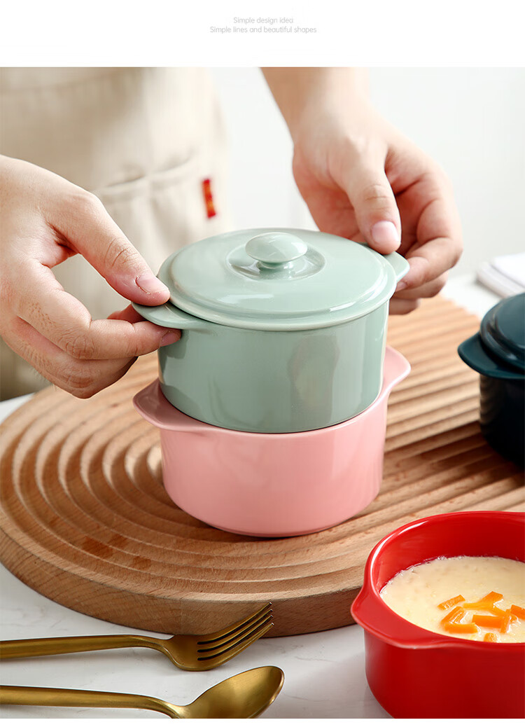 蒸蛋碗带盖创意陶瓷碗双耳家用微波炉烘焙碗炖汤碗炖盅蒸蛋小碗带盖炖