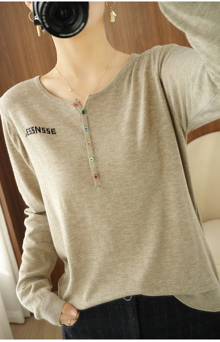纯棉线针织2021春季新款慵懒风宽松半开领打底衫女驼色m100斤之内