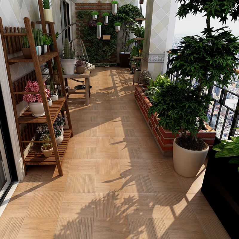 思硕网日式纵横木纹砖餐厅阳台木纹拼花瓷砖仿实木露台室外防滑地砖