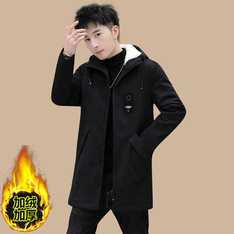 高品质风衣风衣男士冬季外套加绒加厚青年中长款简约连帽帅气宽松ins