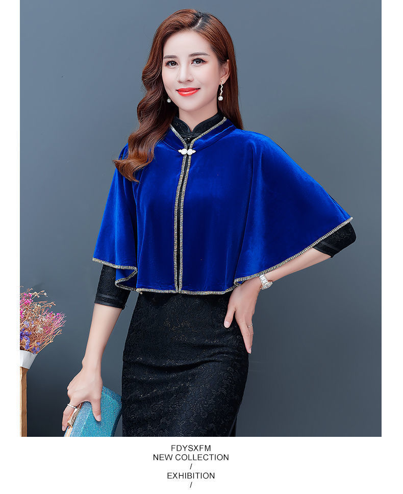新品旗袍披肩秋季新款斗篷女短款小开衫配旗袍金丝绒洋气披风外搭黑色