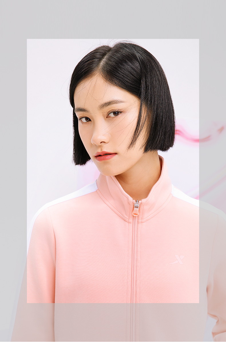 特步运动套装女2021秋季新款女装运动服立领时尚宽松女士休闲套装白色