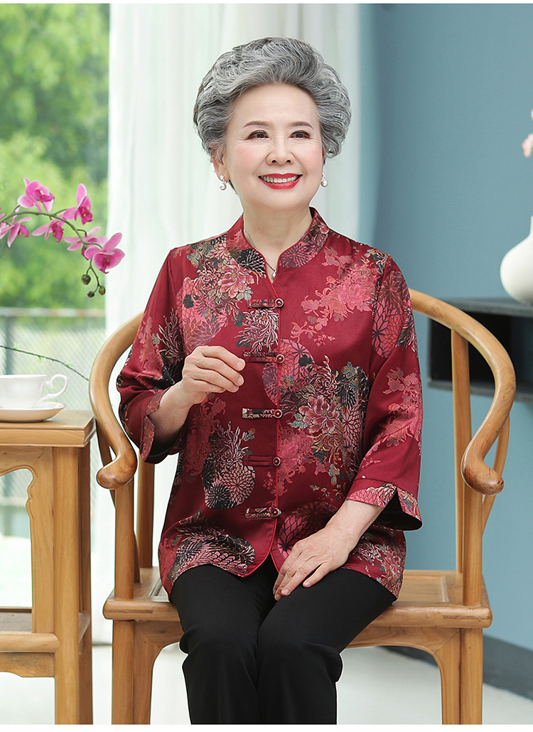 老人家奶奶夏天衣服夏装真丝衬衫洋气60岁70妈妈唐装上衣套装中袖老