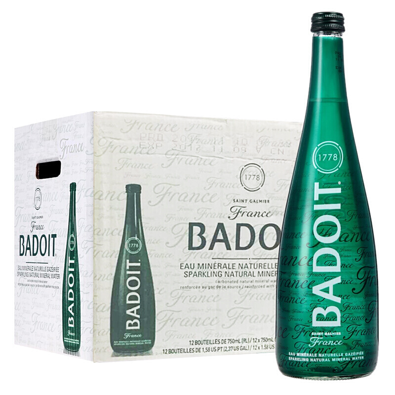 badoit气泡水 法国badoit 波多含气矿泉水750ml*12瓶 玻璃瓶气泡水