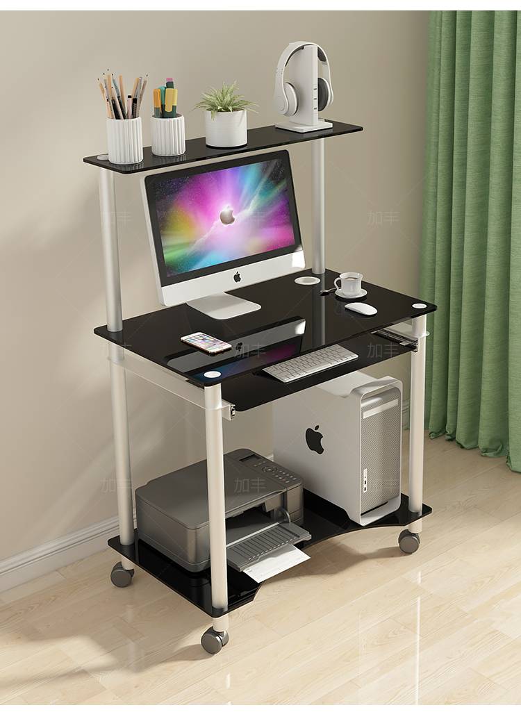 钢化玻璃电脑桌经典黑白灰色可移动台式电脑桌双层钢化玻璃卧室家用