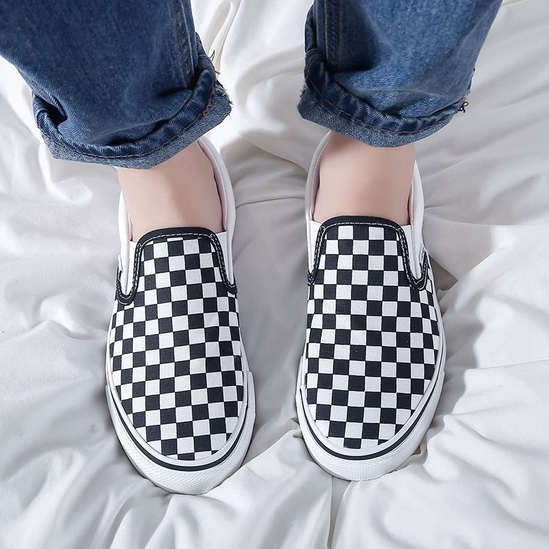 黑白格子鞋一脚蹬棋盘格套脚帆布鞋男女学生滑板鞋绿白格40