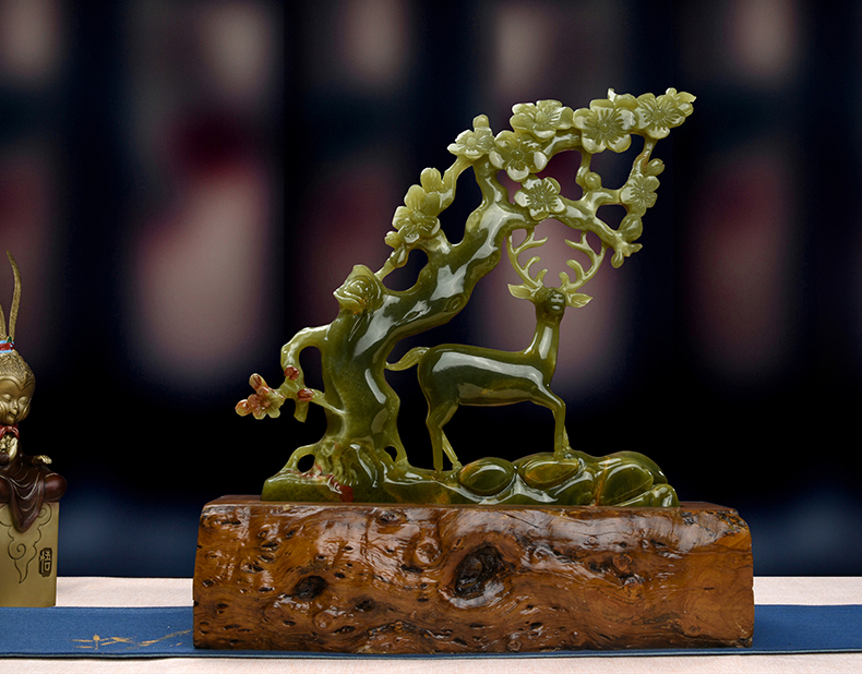 璞锐玉石古青玉石山水摆件迎客松客厅禅意创意原石玉雕艺术品家居摆件