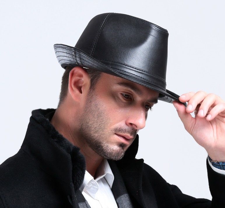 韵薇缇爵士帽秋冬季男士皮大檐绅士礼帽皮帽中老年帽户外老头帽子黑色