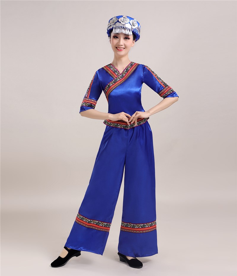 仡佬族演出服女个少数民族风传统服装舞台舞蹈服表演服新款 蓝色短款