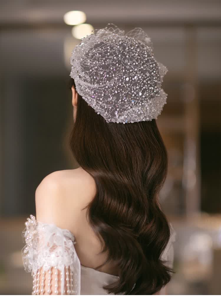 新娘发饰小众设计网纱帽白色超仙唯美日韩气质时尚结婚珍珠头饰品帽子