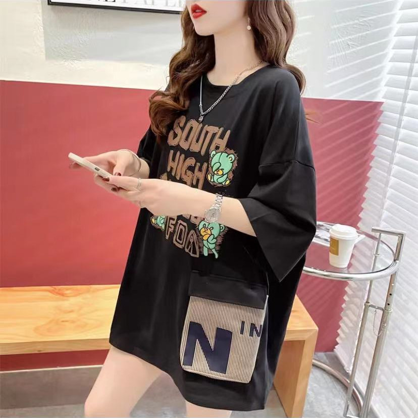 山海女装棉今年流行大显瘦大口袋设计感t恤 黑色 l 115-135斤【图片