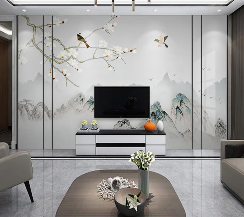 玉兰壁纸 墙布山水电视机背景墙面壁布2021年新款壁画玉兰花鸟墙布