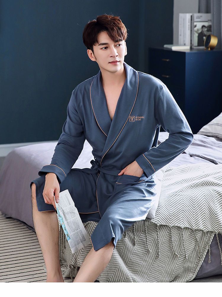 睡衣男日式夏季薄款男士睡袍中长款晨袍春秋中青年大码浴袍日式睡衣靛