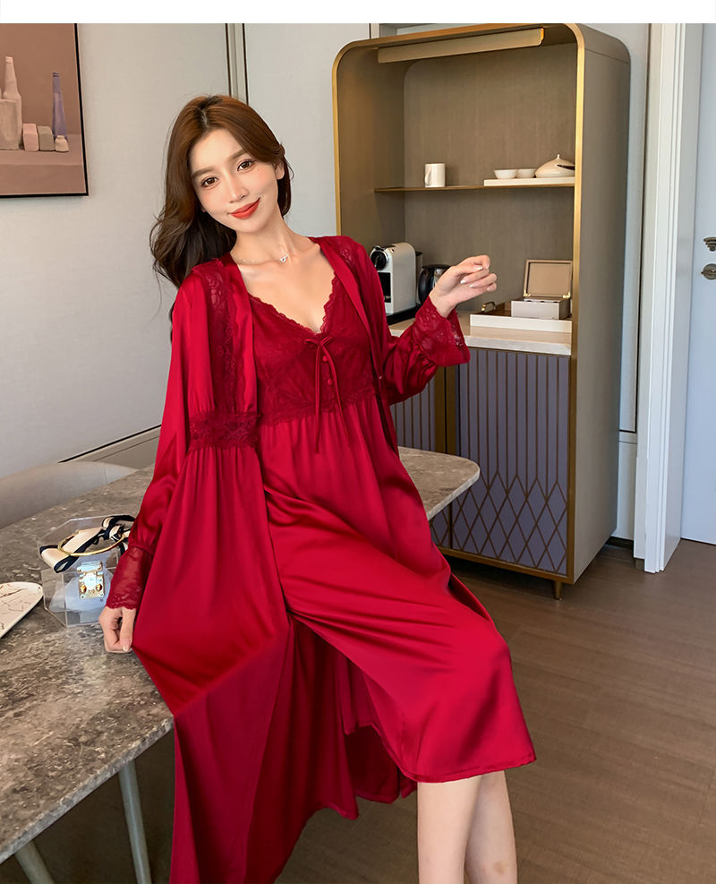 hkxn性感睡裙女吊带胸垫睡衣裙新婚大红色冰丝绸睡袍女两件套装家居服