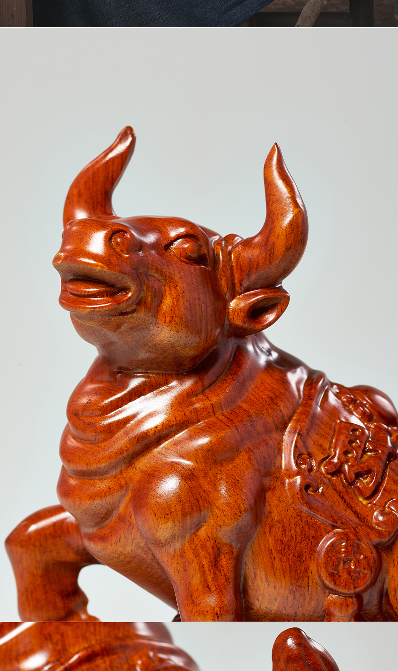 卡洛乐花梨木雕摆件牛实木质雕刻动物生肖家居装饰办公开业红木工艺