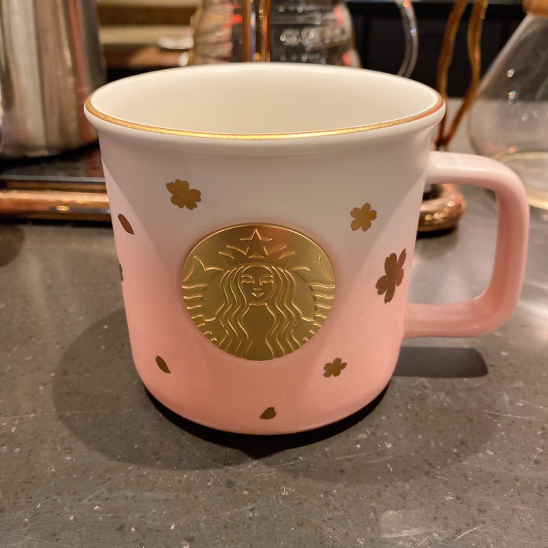 星巴克杯子2021樱花季粉白金樱圆饼包马克玻璃杯吸管保温随行水杯290
