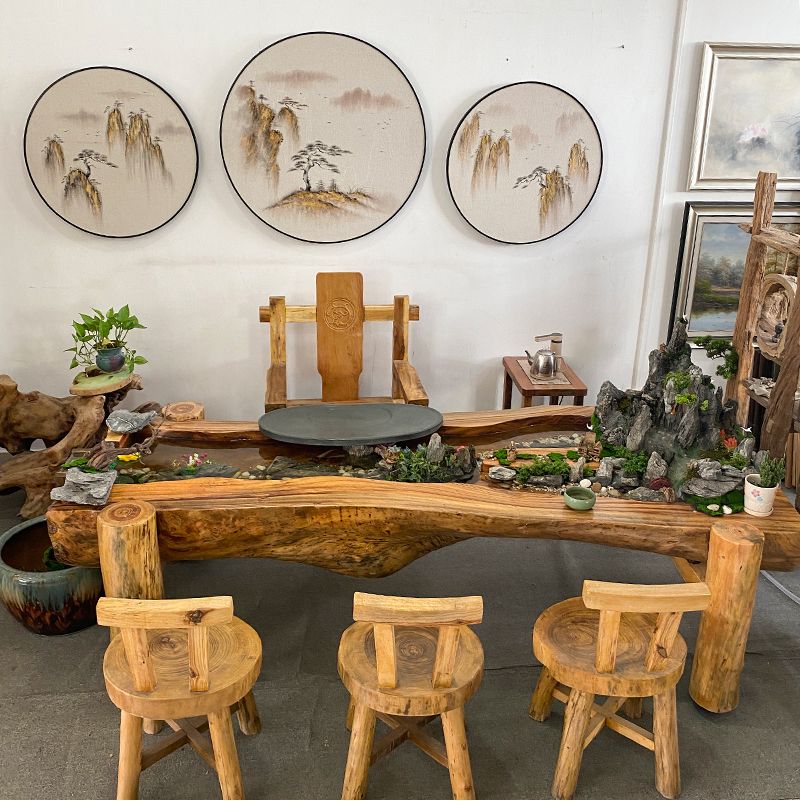 茶台新中式禅意景观一体茶桌异形根雕曲水流觞茶几223米选料订做组装