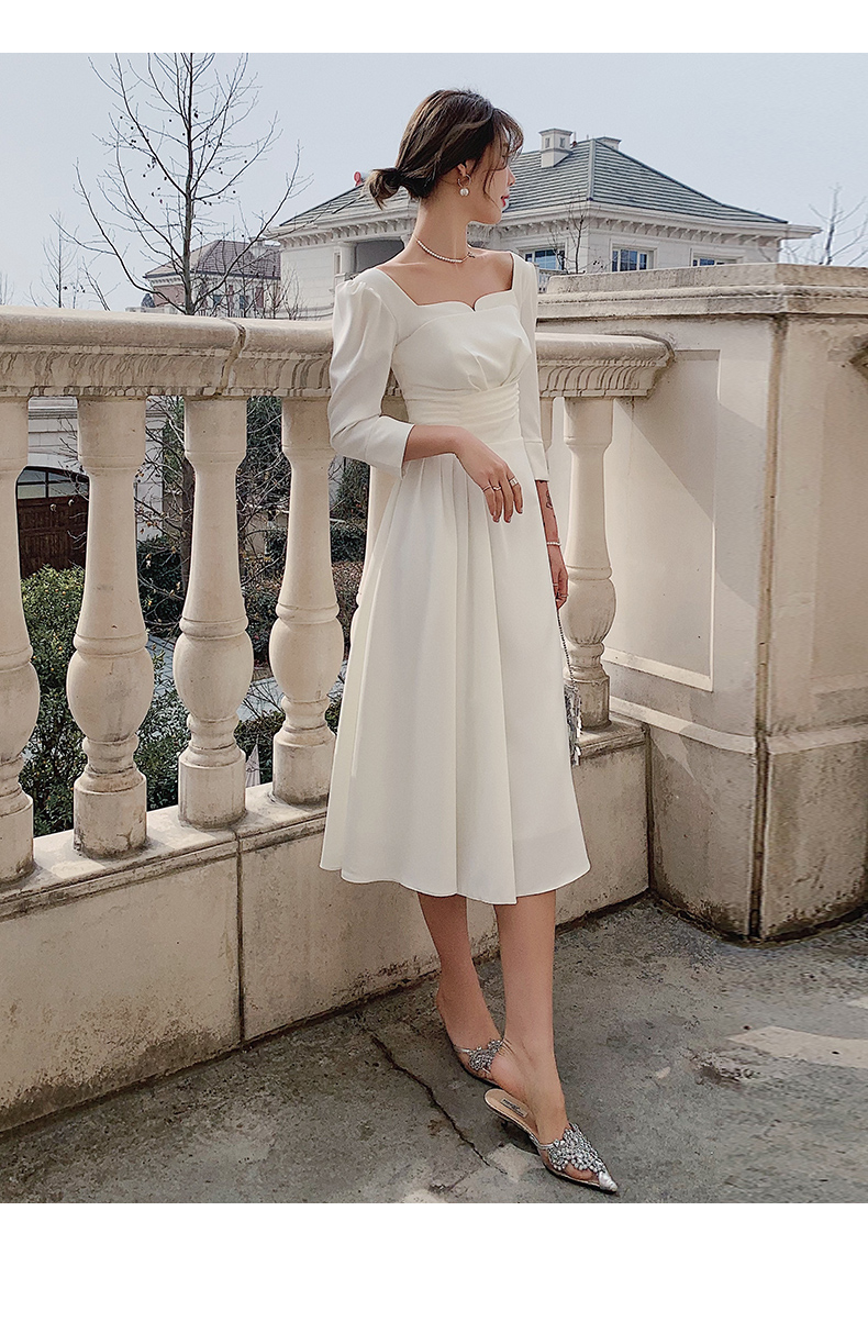 领证小白裙女法式晚礼服裙女宴会气质秋冬长袖登记白色订婚平时可穿