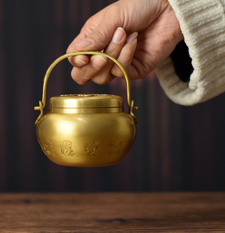 孔雀怀炉 铜手炉黄铜铸造仿古做旧中式暖手炉怀炉冬季暖手碳布套炉