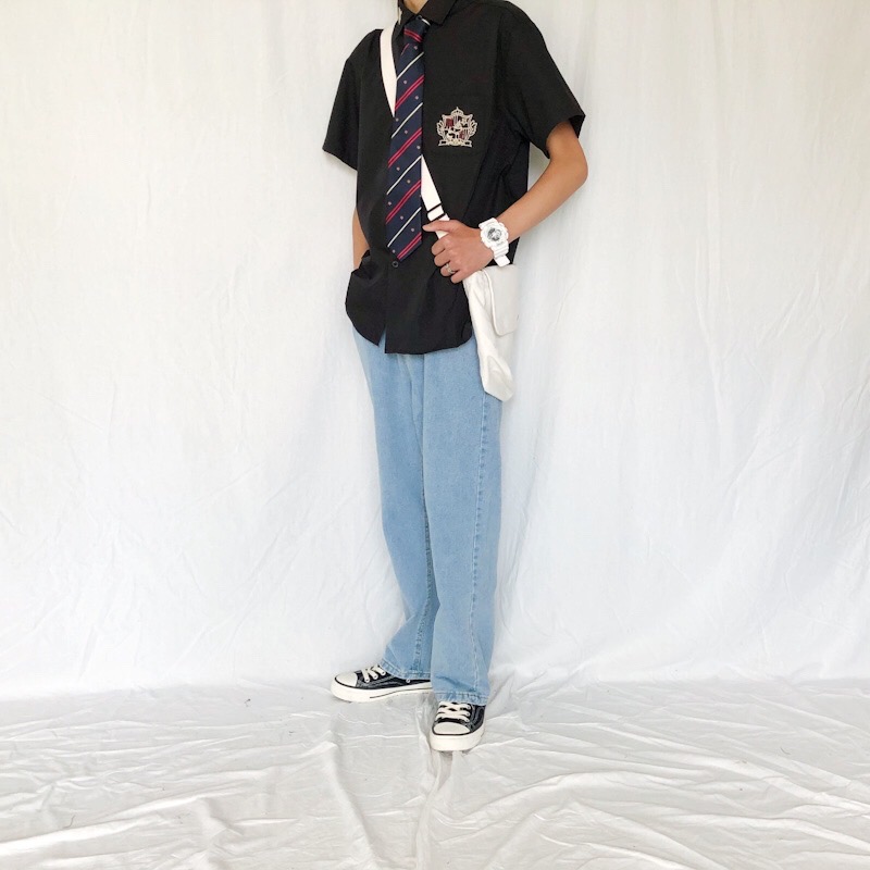 jk衬衫男季dk制服上衣百搭宽松学生学院风衬衣班服蓝色搭配的牛仔裤s