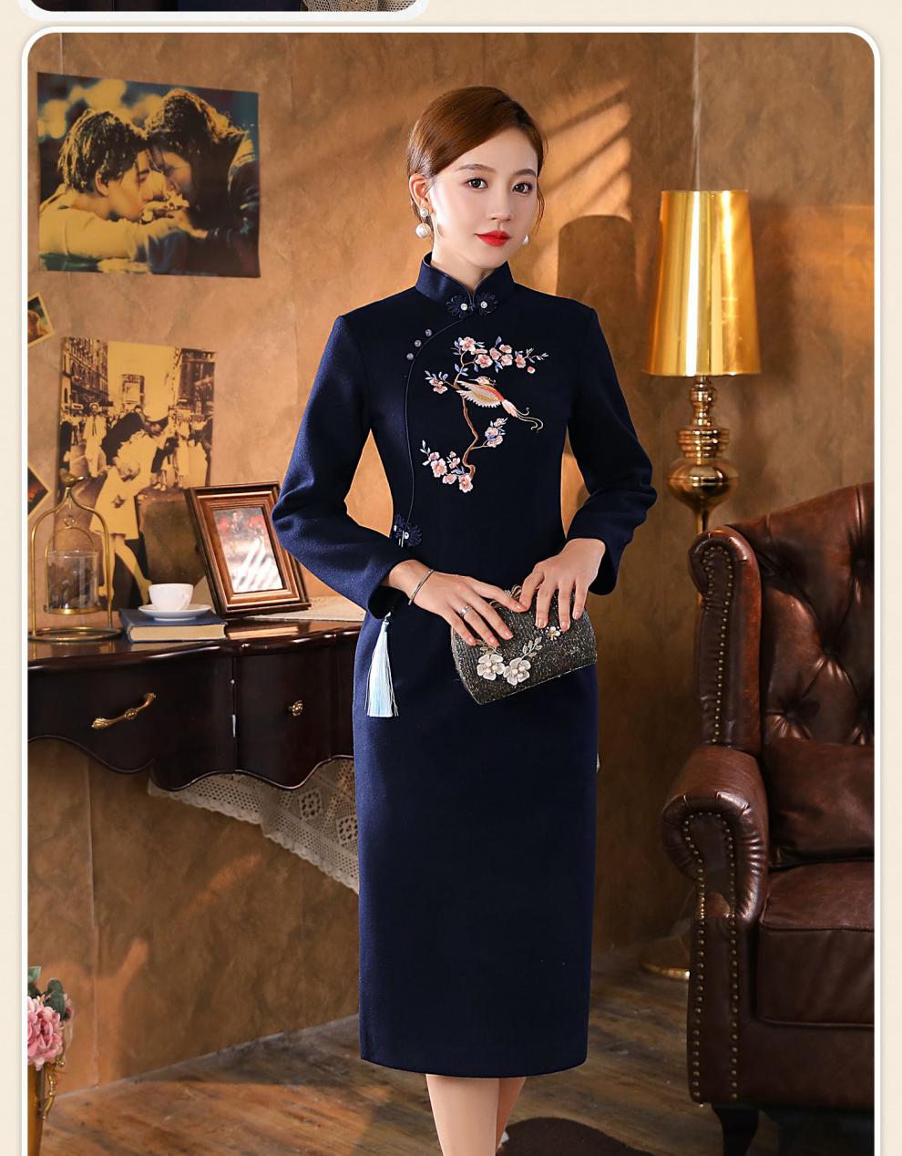 秀观唐报福2021冬季新款优雅毛呢复古重工绣花日常女修身旗袍裙 蓝色