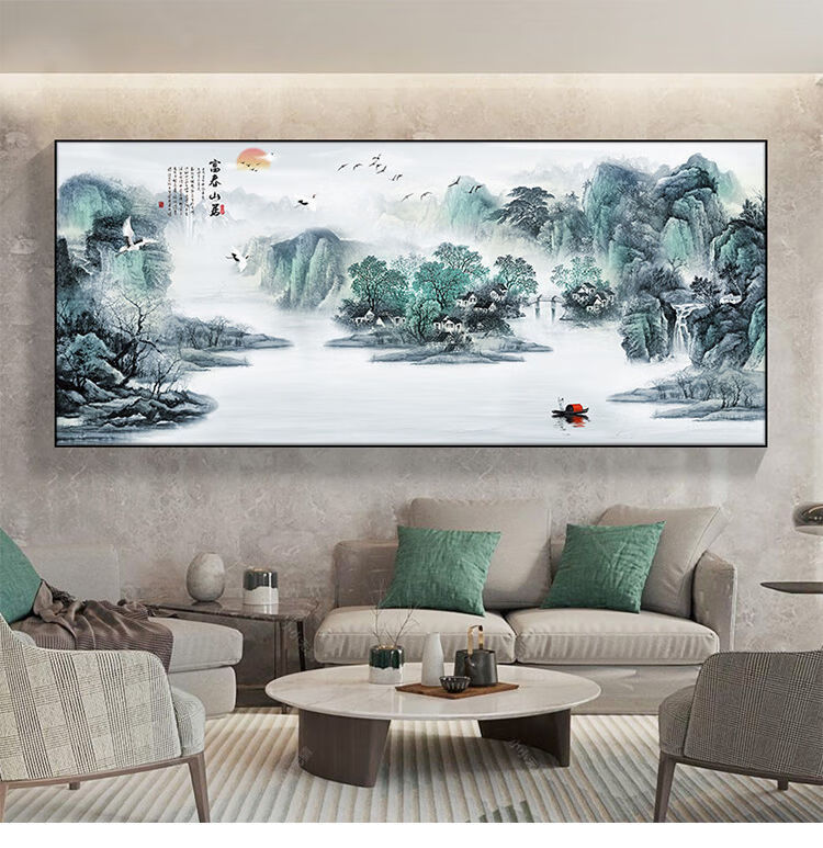 乔梵格客厅中式沙发背景墙壁画中国风山水国画办公室挂画横幅01款海纳