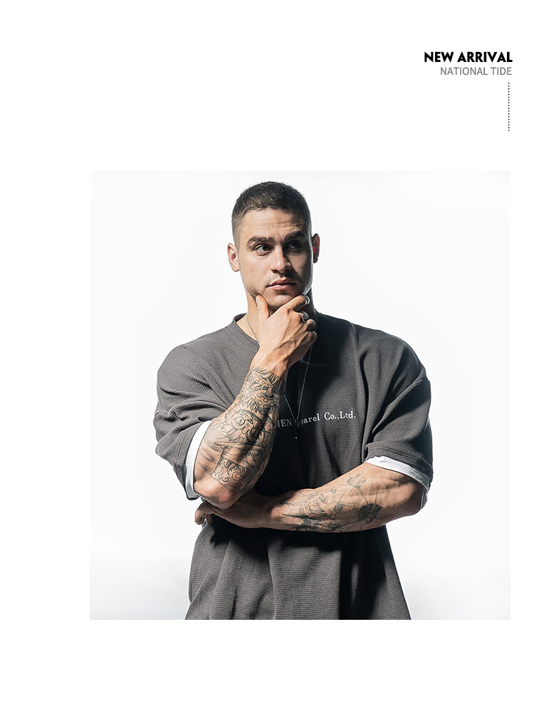 鹿家门新款健身男士潮流短袖运动休闲假两件鹿头棉宽松上衣t恤灰色m