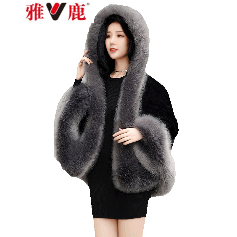 海宁皮草外套女冬季连帽短款韩版水貂毛仿狐狸毛披肩斗篷毛毛外套反季