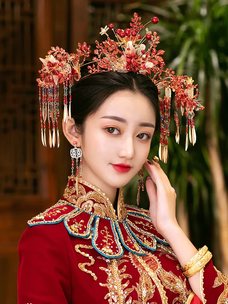 中式古典秀禾服婚礼头饰龙凤褂流苏古风结婚发簪凤冠新娘配饰 扇架