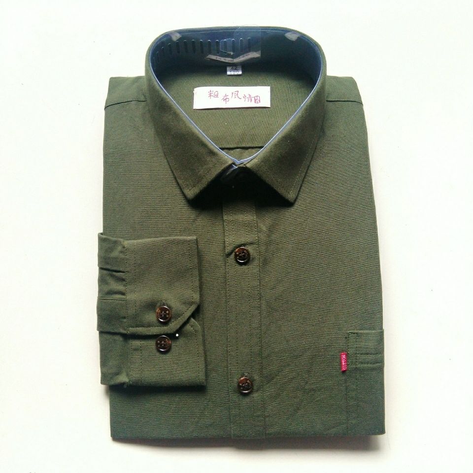 春秋季纯棉纯色衬衫男加密加厚棉布衬衣粗布风情男装黑色翻领16539