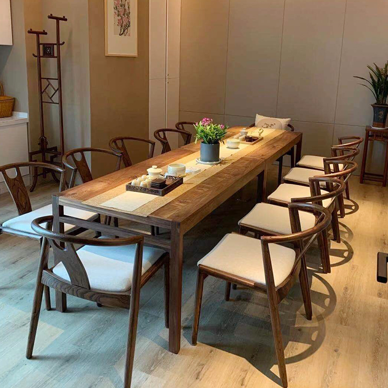 办公室洽谈桌新中式实木会议桌椅组合禅意简约开会客长桌洽谈接待工作